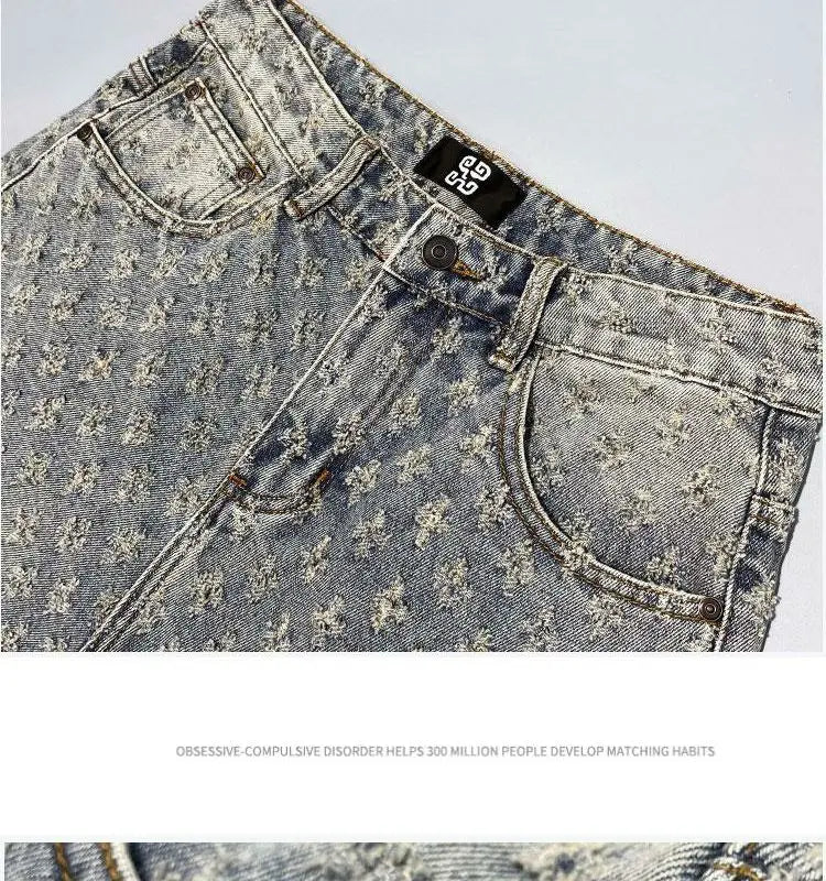 American Y2K Light Luxury Quality Retro Denim Shorts Summer Hip Hop INS Men Loose Shave Jacquard Couple Denim Five Point Pants
