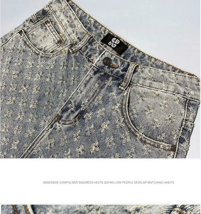 American Y2K Light Luxury Quality Retro Denim Shorts Summer Hip Hop INS Men Loose Shave Jacquard Couple Denim Five Point Pants