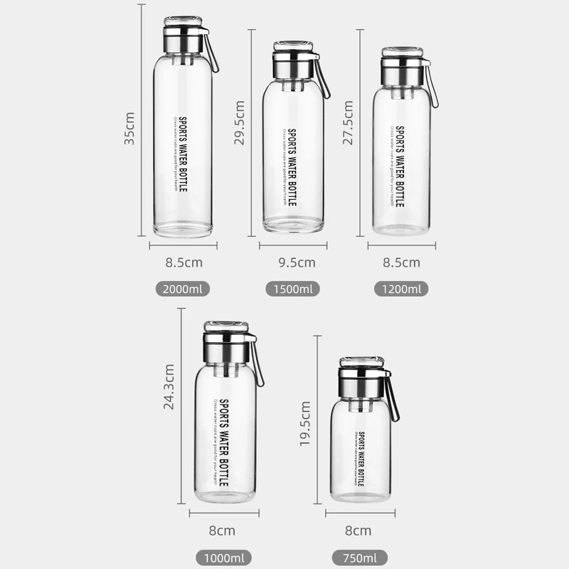 Sports Glass Water Bottle 2L Capacity Free Cup Cover (with Shoulder Strap)  Portable Leak-proof Drinking Stainless Steel Lid