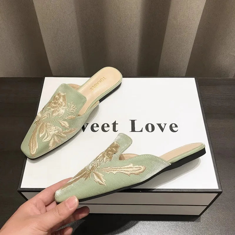 Women's Mules Slippers Summer Footwear Flats Retro Chinese Style Flowers Elegant Dress Low Heel Sandals Designer Slides on sales