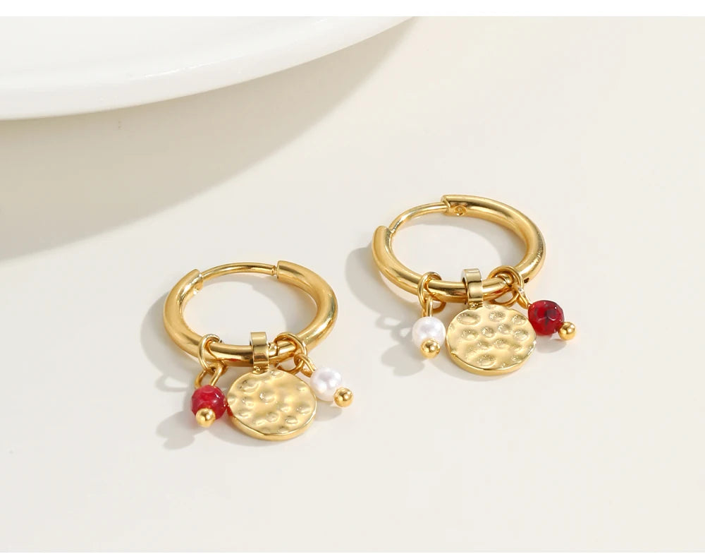 YACHAN 18K Gold Plated Stainless Steel Hoop Earrings for Women Tap Texture Metal Pearl Charms Earring Trendy Jewelry Gift