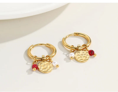 YACHAN 18K Gold Plated Stainless Steel Hoop Earrings for Women Tap Texture Metal Pearl Charms Earring Trendy Jewelry Gift