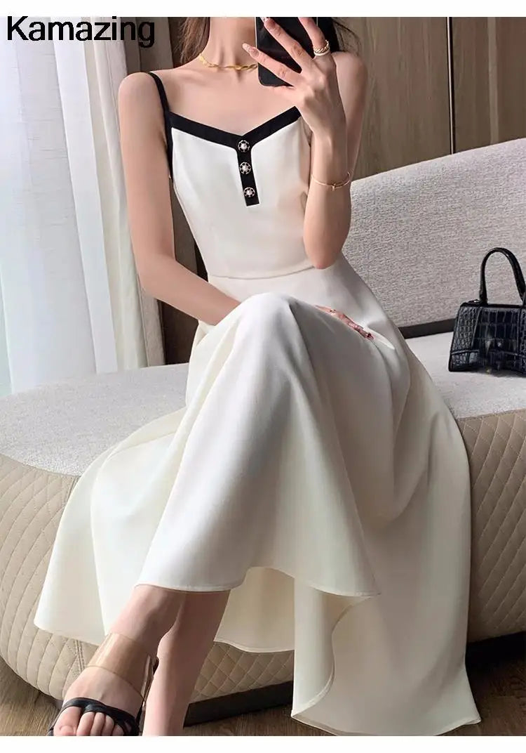 Elegant Solid Midi Dress 2 Piece Set Office Lady Chic Suit Spring Short Jacket Sleveless A-line Dresses Outfits Korean Clothes