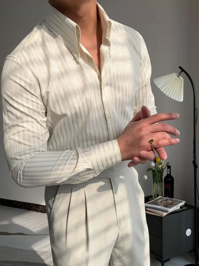 New Daily Business Leisure Mens Stripe Shirt Vintage Single Breasted Slim Fit Office Man Slim Fit Shirts Turn-Down Collar Tops