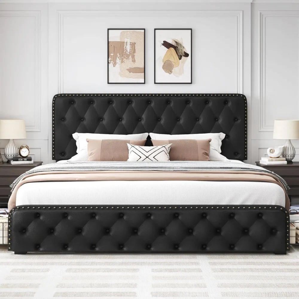 Lifezone Queen Bed Frame with Headboard Faux Leather Upholstered Metal Queen Bed Frame with 4 Storage Drawers, Adjustable Headbo