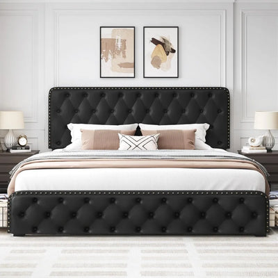 Lifezone Queen Bed Frame with Headboard Faux Leather Upholstered Metal Queen Bed Frame with 4 Storage Drawers, Adjustable Headbo