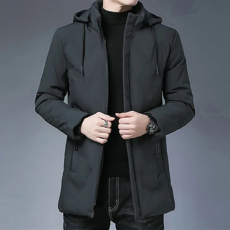 Fashion Men Long Parkas Coat Solid Slim Fit Warm Thicken Jacket Outwear Windproof Coat Hooded Cotton-padded Zipper Windbreaker