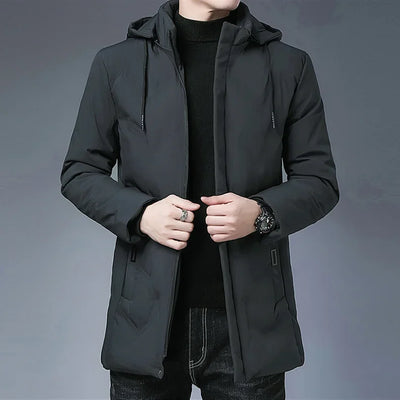 Fashion Men Long Parkas Coat Solid Slim Fit Warm Thicken Jacket Outwear Windproof Coat Hooded Cotton-padded Zipper Windbreaker