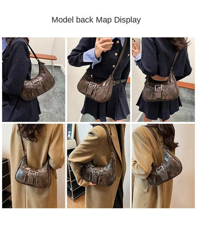 Retro Belt Design PU Leather Shoulder Bags for Women 2024 Y2K Small Vintage Female Underarm Crossbody Bag Fashion Handbags
