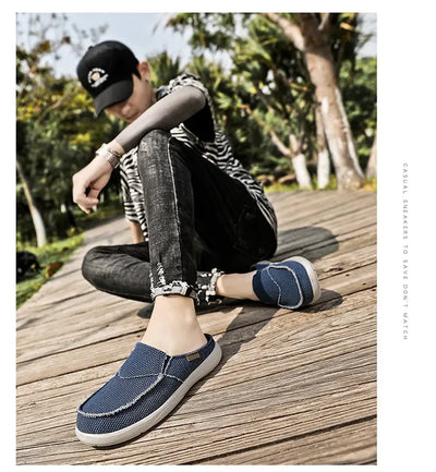 Men Half Shoes Slippers Summer Canvas Casual Classic Outdoor Slip-on Men Light Breathable Flat Loafers Walking Shoe Zapatillas