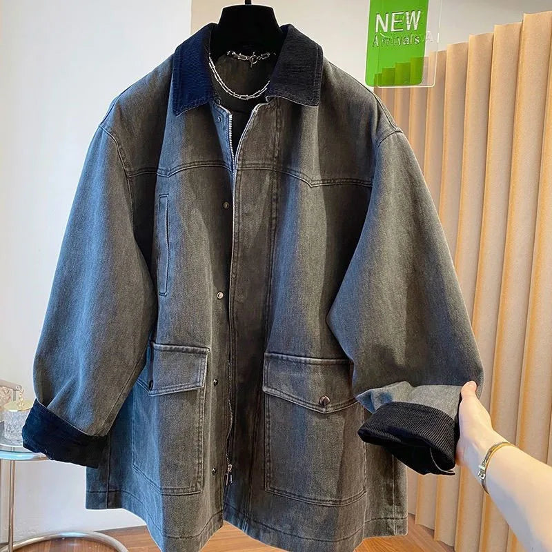 Contrasting Corduroy Spliced Denim Jacket for Women Mid Length Loose Coat Autumn Winter Pocket Outwear Versatile