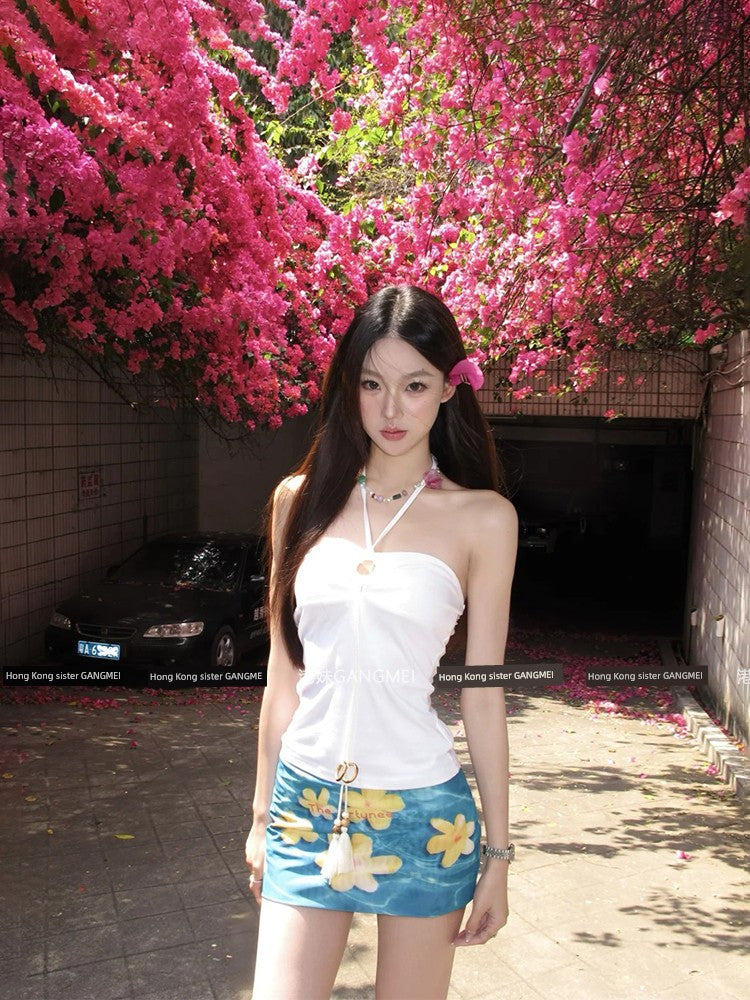 Seaside Vacation Style Suit Pure Desire Stylish White Halter Tube Top Blue Shirt Floral Skirt Two-piece Set