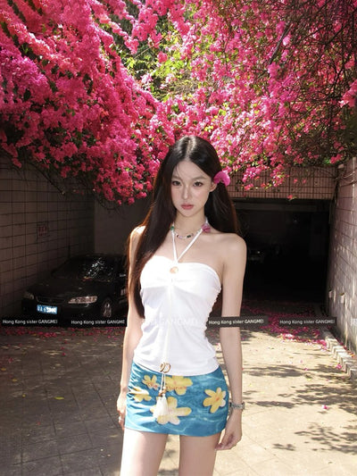 Seaside Vacation Style Suit Pure Desire Stylish White Halter Tube Top Blue Shirt Floral Skirt Two-piece Set