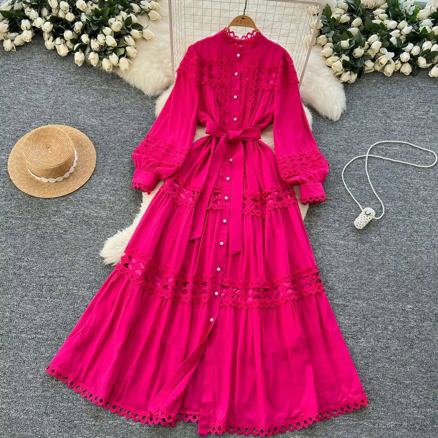 Elegant Long Maxi Hollow Out Dress Shirt Women Summer Autumn Palace Retro Pearl Button Embroidery Crochet Evening Party Vestidos