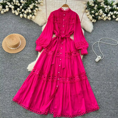 Elegant Long Maxi Hollow Out Dress Shirt Women Summer Autumn Palace Retro Pearl Button Embroidery Crochet Evening Party Vestidos