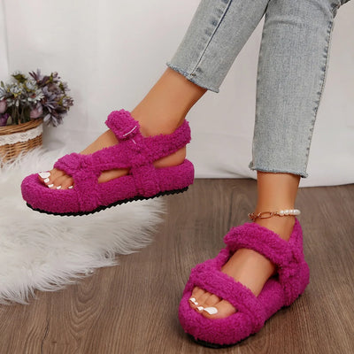 Lightweight Comfortable Sandals Woman Winter Warm Plush Sandals Ladies Brand Design Thick Sole Teddy Fur Outdoor Slipper Shoes