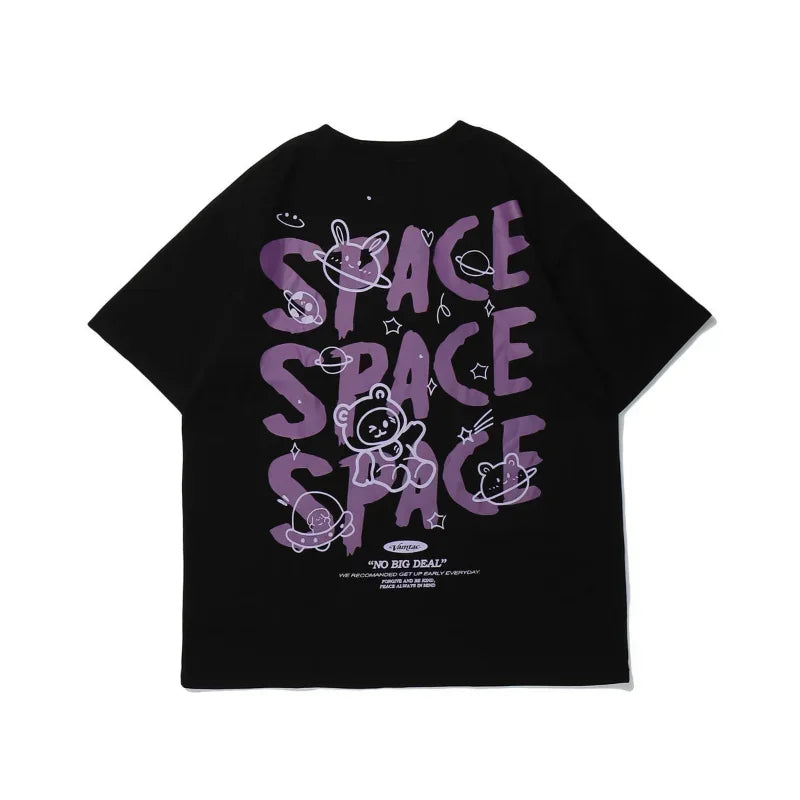 Women T-Shirt Print Bear Graffiti Short Sleeved Space Oversized T-shirt Loose Retro Harajuku Style Couple Shirt Tops Y2k