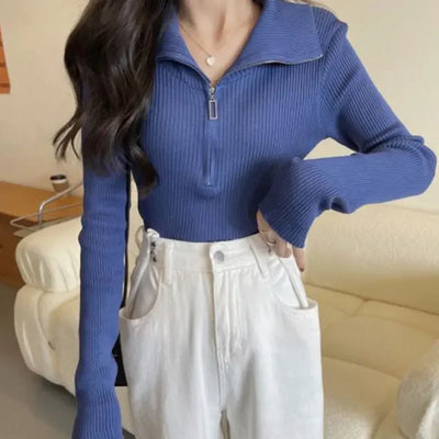 Zip Half Open Collar Knitted Sweater Spring and Autumn Long Sleeve Slim Bottom Shirt Women's Chic Top Pullover Y2k Korean Pulls
