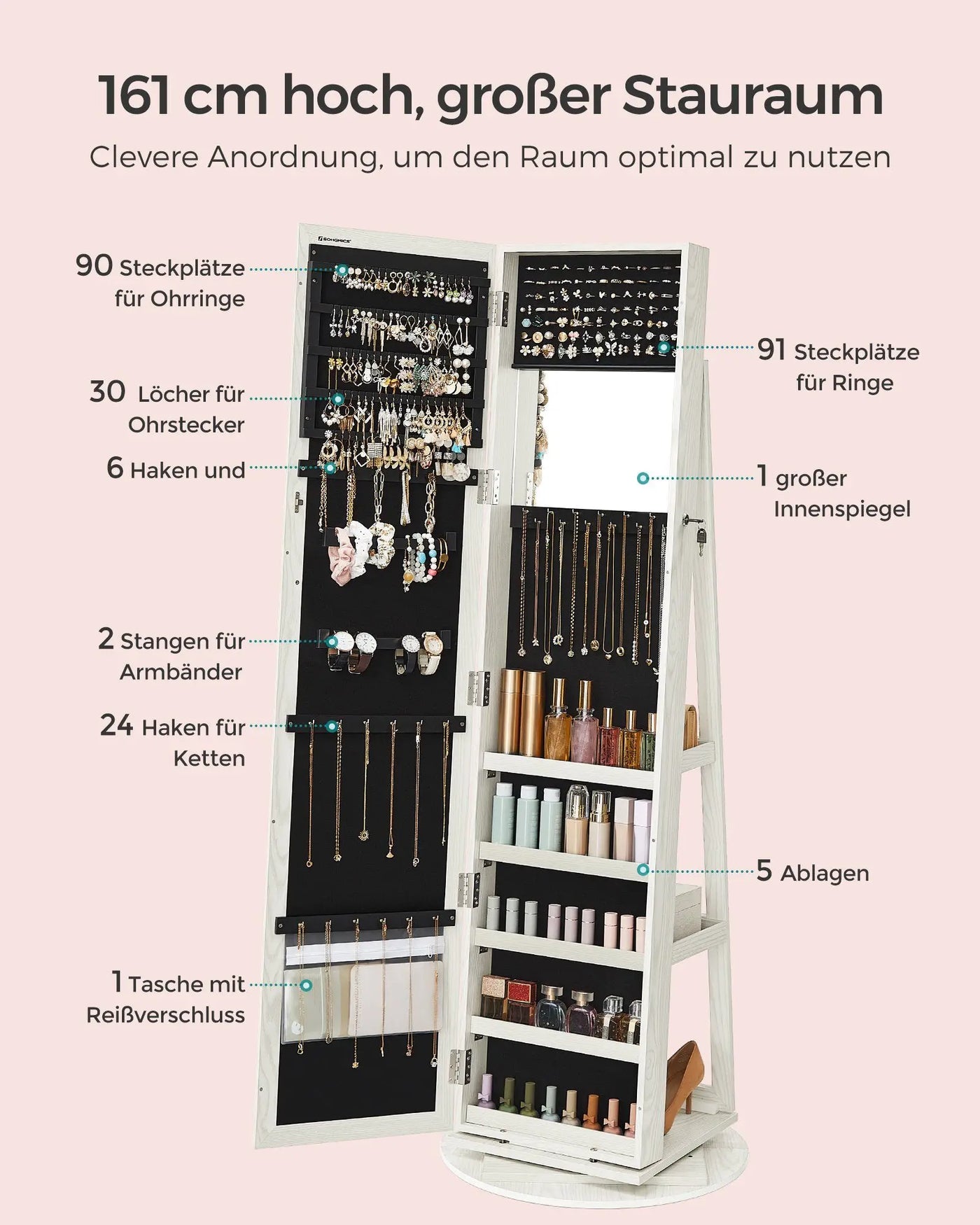 360 ° Rotatable jewelry storage Lockable Jewelry Cabinet Mirror Cabinet with Full Body Mirror