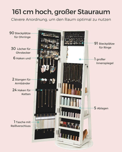 360 ° Rotatable jewelry storage Lockable Jewelry Cabinet Mirror Cabinet with Full Body Mirror