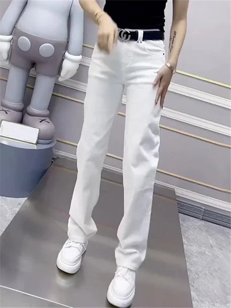 2024 Spring Plus Size High-Waisted Straight-Leg Jeans Women's Big Girl White Slimming Wide-Leg Dragging Pants