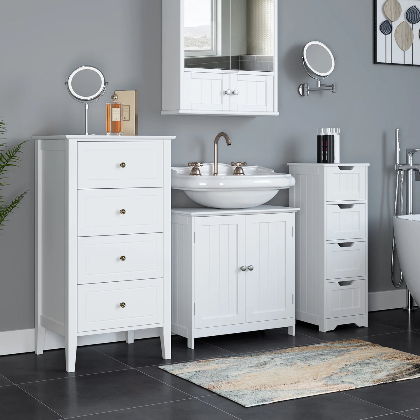 Small Chest of Drawers, Bedroom Storage Cabinet, White Bedside Table, Wooden 50x40x95cm