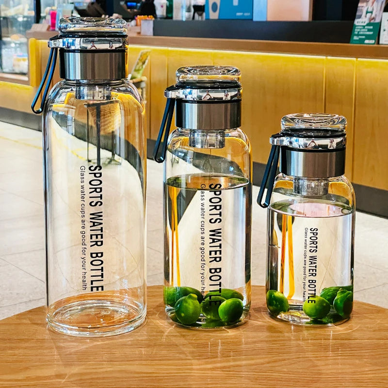 Sports Glass Water Bottle 2L Capacity Free Cup Cover (with Shoulder Strap)  Portable Leak-proof Drinking Stainless Steel Lid