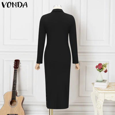 Plus Size 5XL VONDA 2025 Women Knitted Dress Sexy Long Sleeve Split Long Dress Lapel Collar Sundress Casual Robe Solid Vestidos
