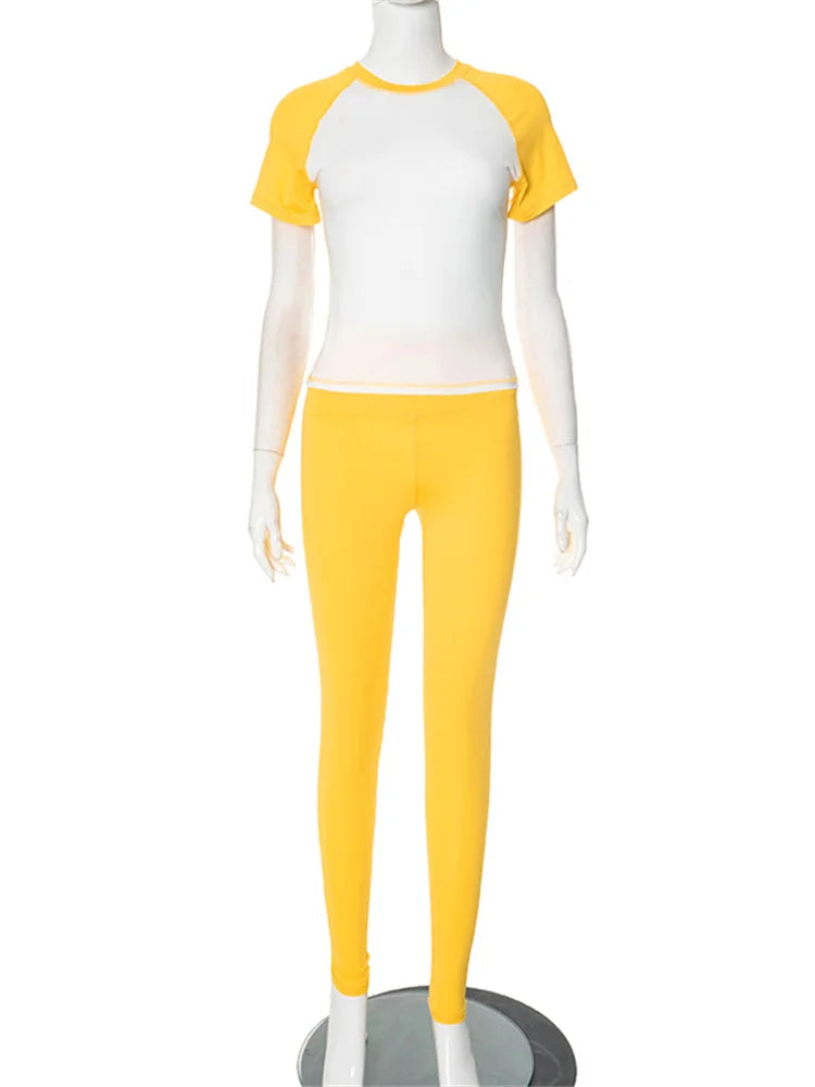 Weird Puss Casual Sporty 2 Piece Set Women Contrast Patchwork Short Sleeve T-Shirts+Skinny Stretch Sweatpants Simple Tracksuits