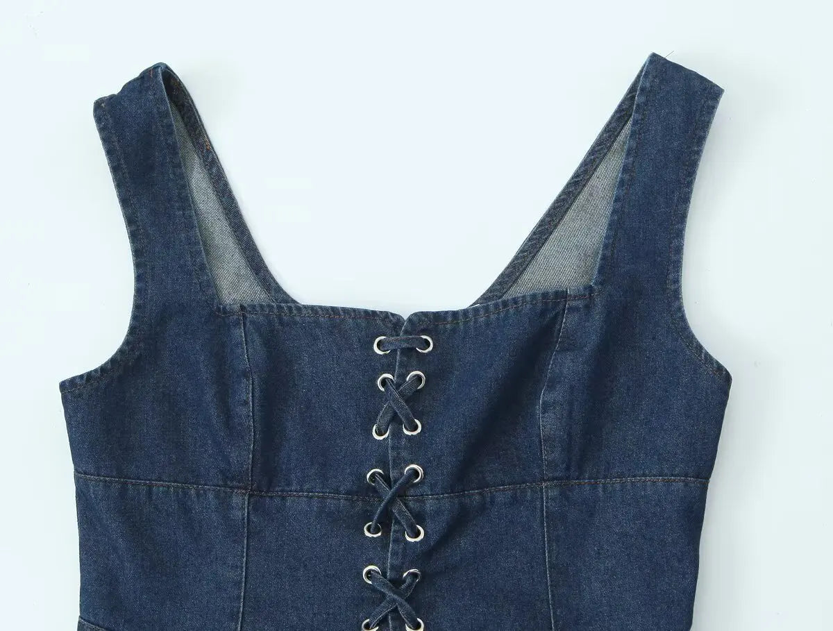 2025 Sexy Square Collar Blue Denim Camis Sexy Corset Women Front Cross Lacing up Bandage Bow Tank Tops Back Zipper Slim Crop Top
