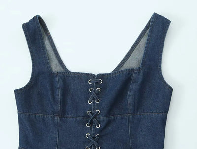 2025 Sexy Square Collar Blue Denim Camis Sexy Corset Women Front Cross Lacing up Bandage Bow Tank Tops Back Zipper Slim Crop Top