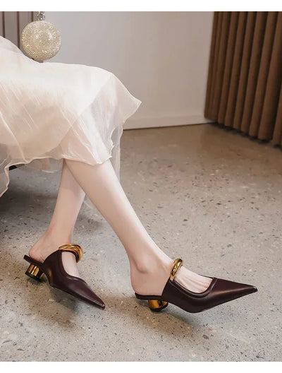 Punk Gothic Metal Buckle Low Heels Sandals Women 2025 New Pointed Toe Thick Heeled Summer Slippers Woman Platform Muller Shoes