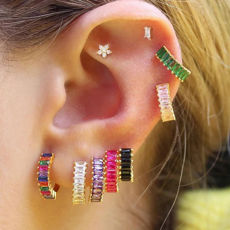 Fashion Multicolor Zircon Crystal Small Hoop Earrings Women Stainless Steel Flower Square Cartilage Earring Piercing Jewelry
