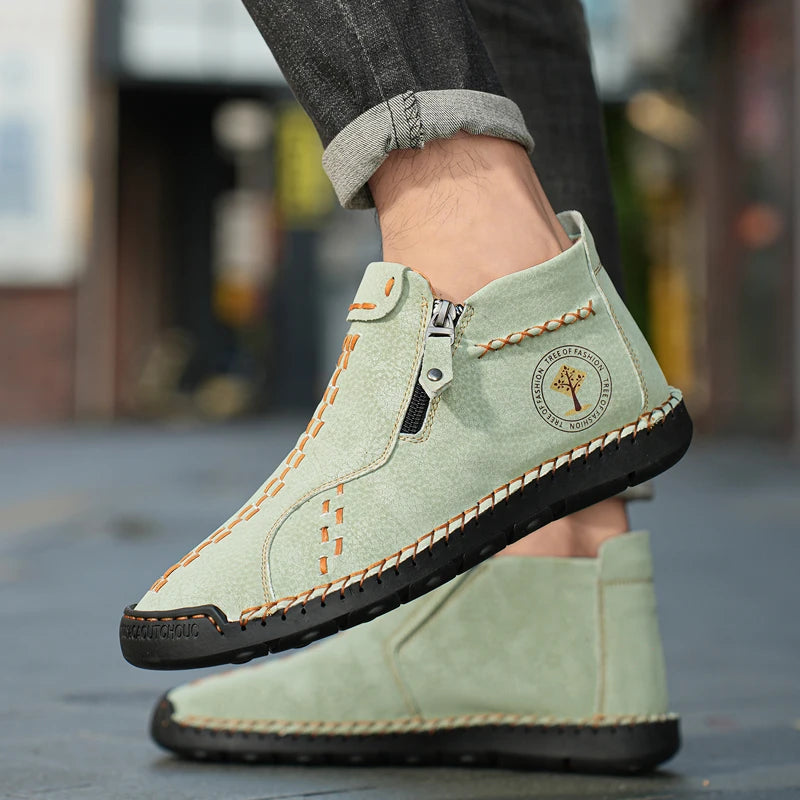 Handmade Leather Casual Shoes For Men Sneakers Men Flat Footwear Zipper Leather Boots Men Ankle Plus Size 39-48