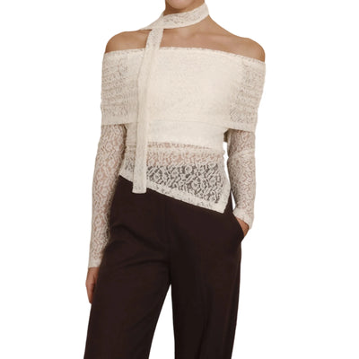 Women’s See-Through Fitted Long Sleeve Shirt Off Shoulder Lace Tops Long Sleeve Solid Color Ruched T-Shirt Blouse with Scarf