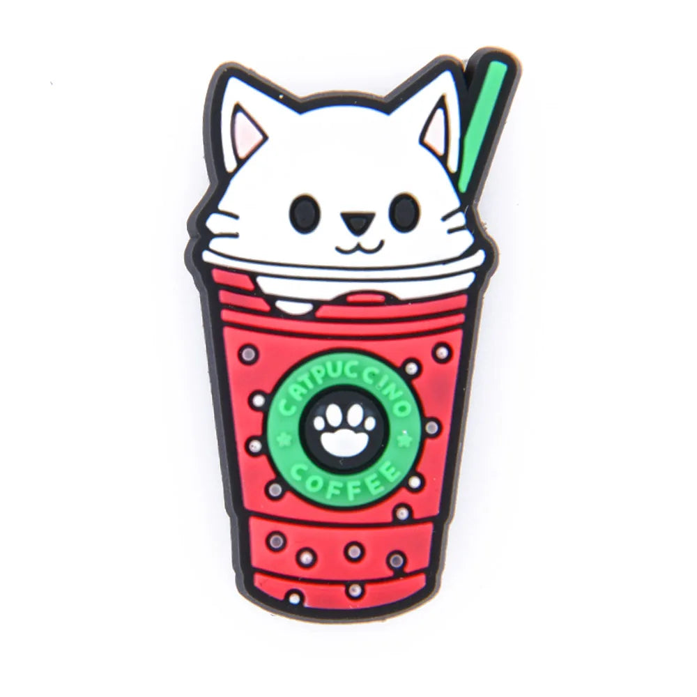 1pc Cute Cartoon Cat Coffee Cup PVC Shoe Charms Buckle Clogs Accessories for Girls Sandals Decoration Kids Gift