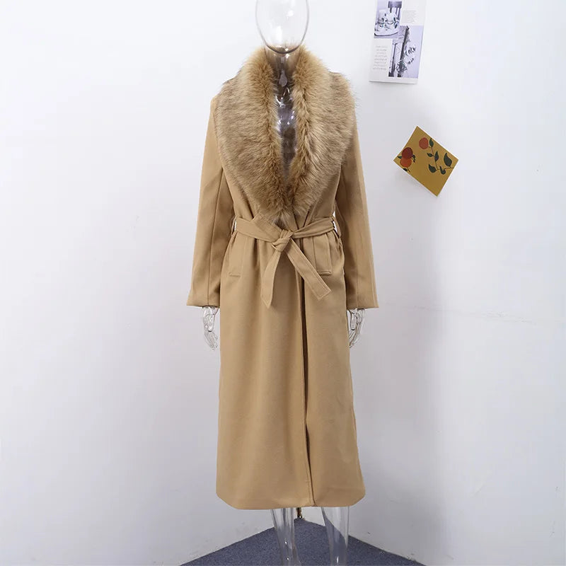 Elegant Fur Lapel Long Coat Women With Belt Woolen Full Sleeve Lace Up Loose Thicken Overcoat 2025 Spring Solid Pocket Outwear
