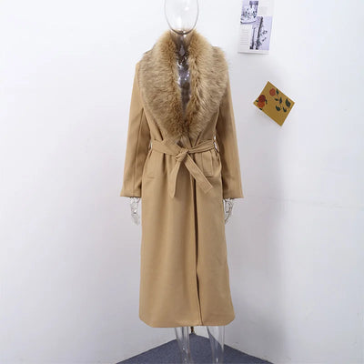 Elegant Fur Lapel Long Coat Women With Belt Woolen Full Sleeve Lace Up Loose Thicken Overcoat 2025 Spring Solid Pocket Outwear