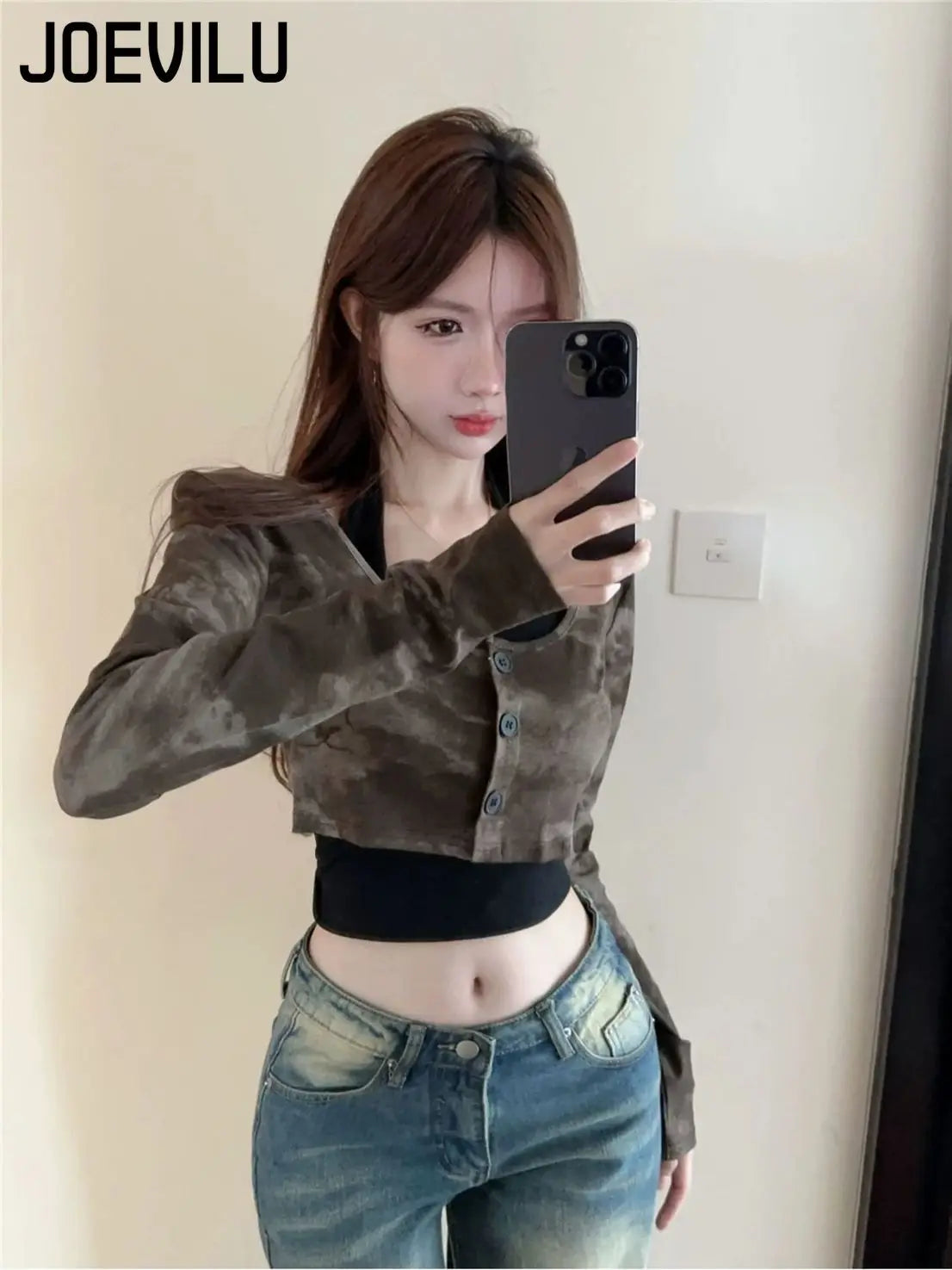 Y2k Halter Top Tie Dye Long Sleeved T Shirts Strap 2 Piece Set Korean Sexy Slim Fit Crop Tops Autumn Girl Interior Harajuku Tee