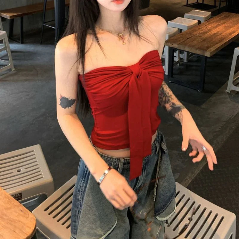 Sleeveless Tank Top for Women Summer Slim Bow Crop Top Sexy Skinny Tube Tops Fashion Clothing Streetwear Girl