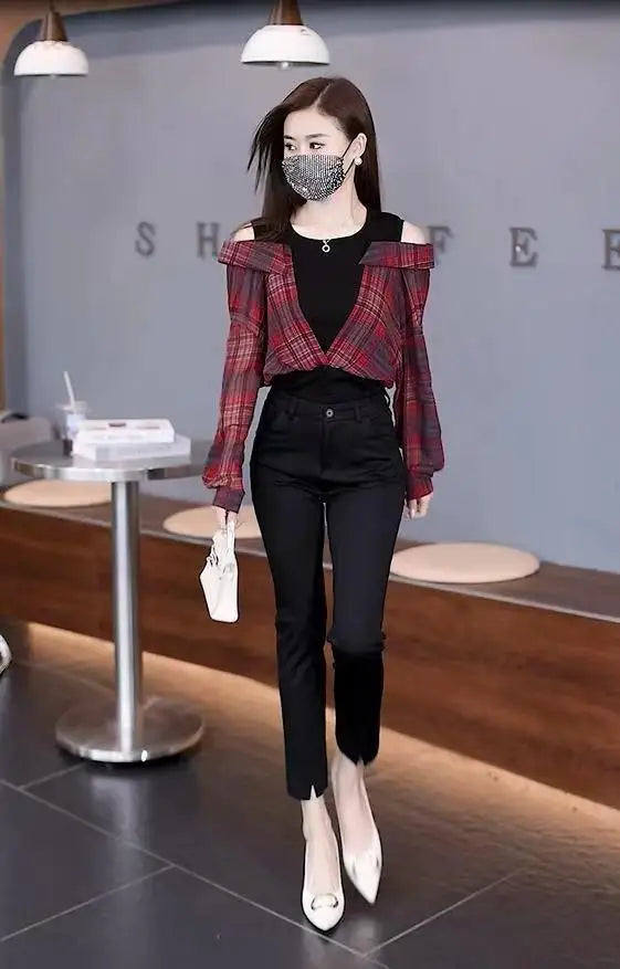 Fake Two Pieces Chiffon Silk Blouse for Women Off Shoulder Top Cool Blue Stripe Cotton Satin Shirt Woman Particular Trends Youth