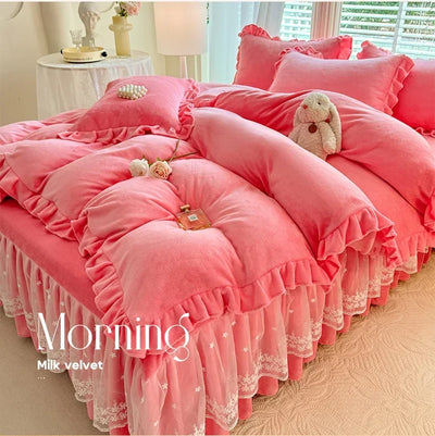 2024 hot solid color Korean version lace bed skirt kit flannel quilt cover thickened warm four-piece set