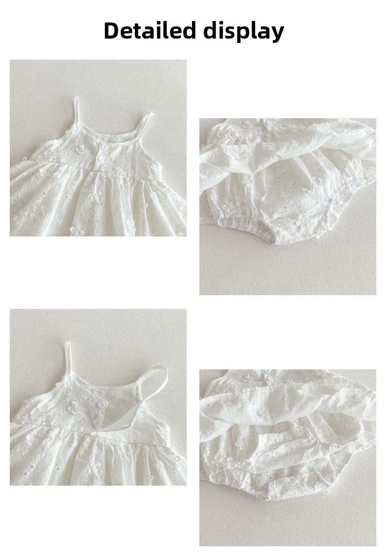 White Embroidered Suspender Bag for Baby Girl, Summer Baby Jumpsuit, Sleeveless Newborn Full Moon Princess Dress
