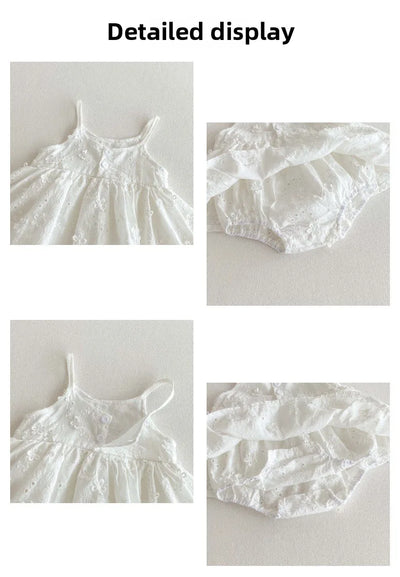White Embroidered Suspender Bag for Baby Girl, Summer Baby Jumpsuit, Sleeveless Newborn Full Moon Princess Dress