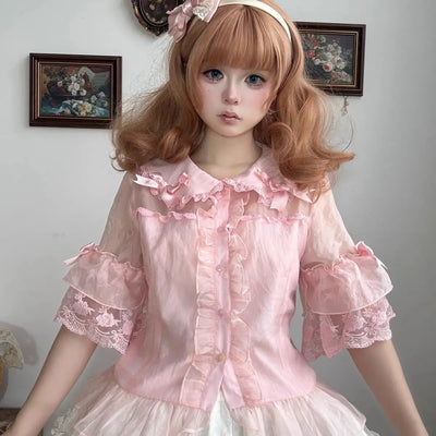 Lolita Shirt Women Preppy Style Sweet Blouses Cute Peter Pan Collar Lace Ruffle JK Shirts Girls Short Sleeve Blusas Chic