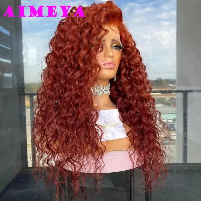 Copper Red Curly Wig Long Deep Wave Synthetic Lace Front Wig for Women 13x4 Natural Hairline Daily Use Cosplay Wig Glueless