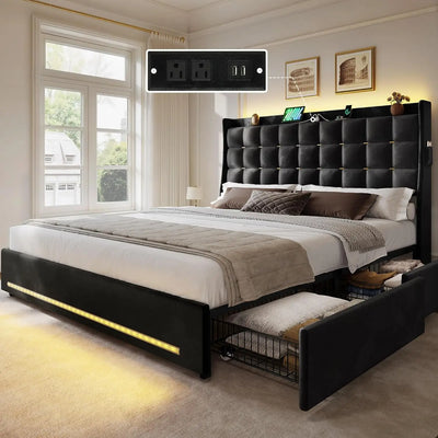 LED Lights with 4 Drawers , Queen/king Bed Frame Velvet Upholstered Platform Bed, No Box Spring Needed, Easy Assembly