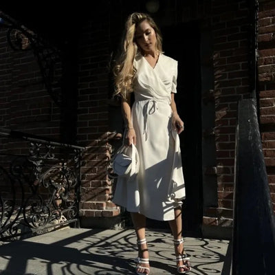 Women Summer Vintage Long Wrapped Dress 2024 New Female Double Layer Ruffled Collar Lacing Up Slim Waist Sundress
