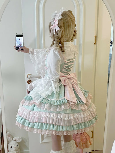 Original Lolita Dress Set Doll Feeling Girl Women's Sweet Jsk Suspender Dress Princess Fairy Lace Bow Sling Cake Dresses