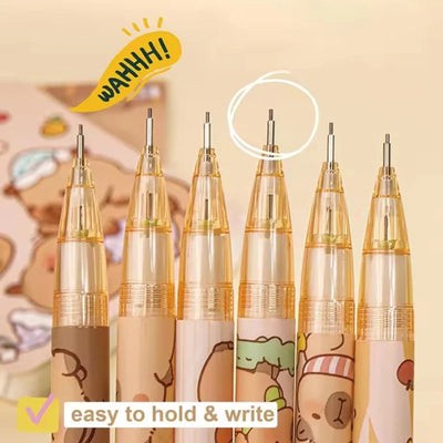 6Pcs/Set Cute Mechanical Pencils 0.5mm 2B Capybara Cartoon Auto Pencil with Eraser for Kids Students School Writing Supplies